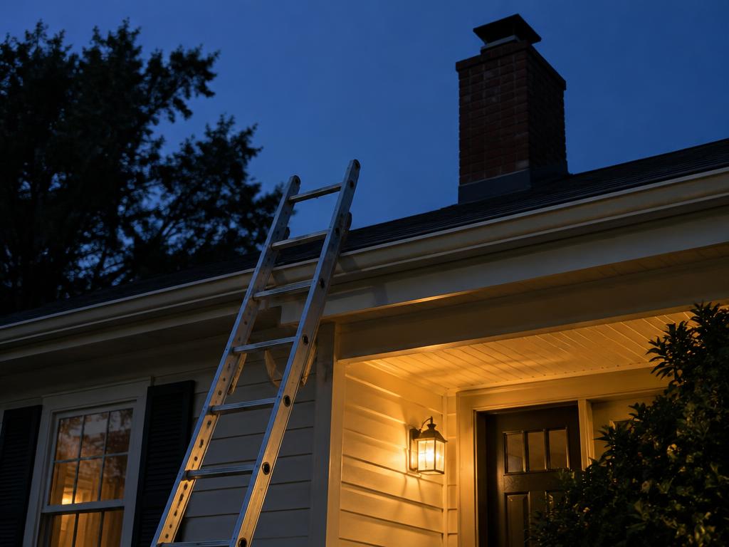 Ladder positioned beside a house for chimney access at dusk