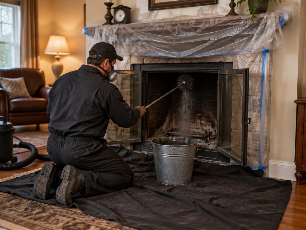 Drop cloth protecting the hearth while a chimney is swept