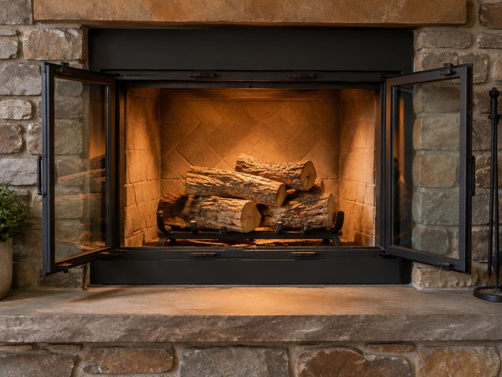 Clean swept fireplace with stacked firewood